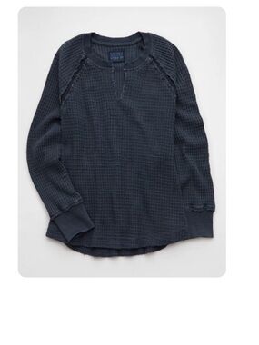 American Eagle Outfitters Black Waffle-Knit Notch Pullover